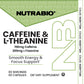 Front and back labels of a Nutrabio dietary supplement called 'Caffeine & L-Theanine', showing product details, serving suggestions, ingredients, and barcode information.