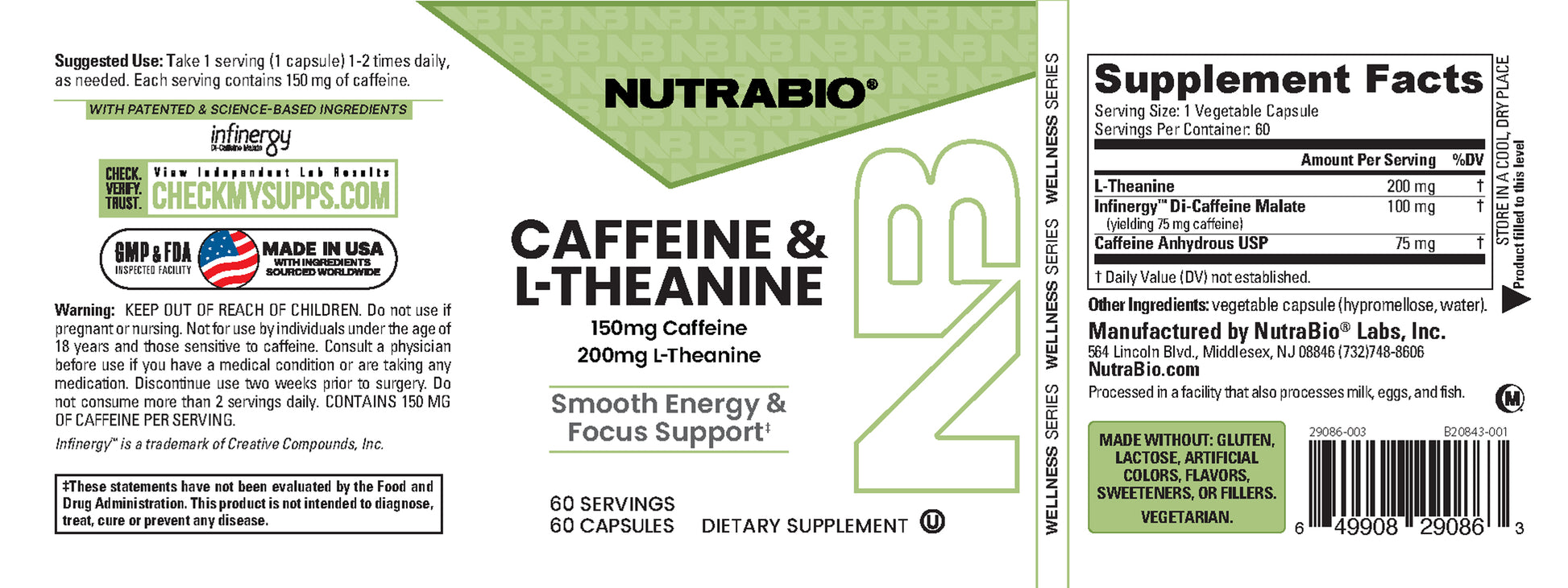 Front and back labels of a Nutrabio dietary supplement called 'Caffeine & L-Theanine', showing product details, serving suggestions, ingredients, and barcode information.