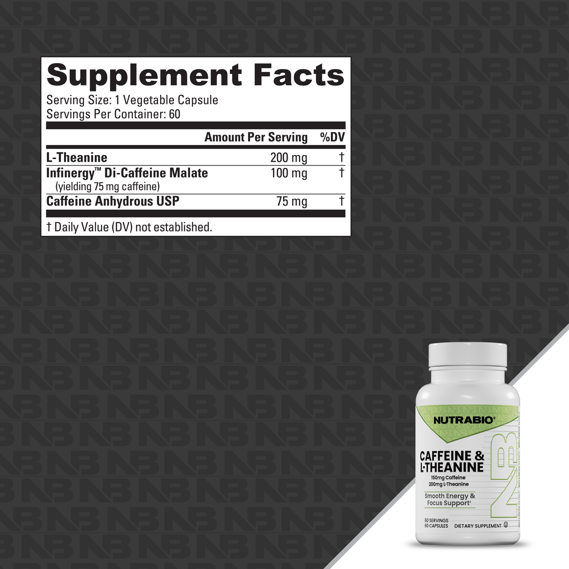 Nutrabio Caffeine & L-Theanine supplement bottle shown on a dark patterned background with a Supplement Facts panel above it.