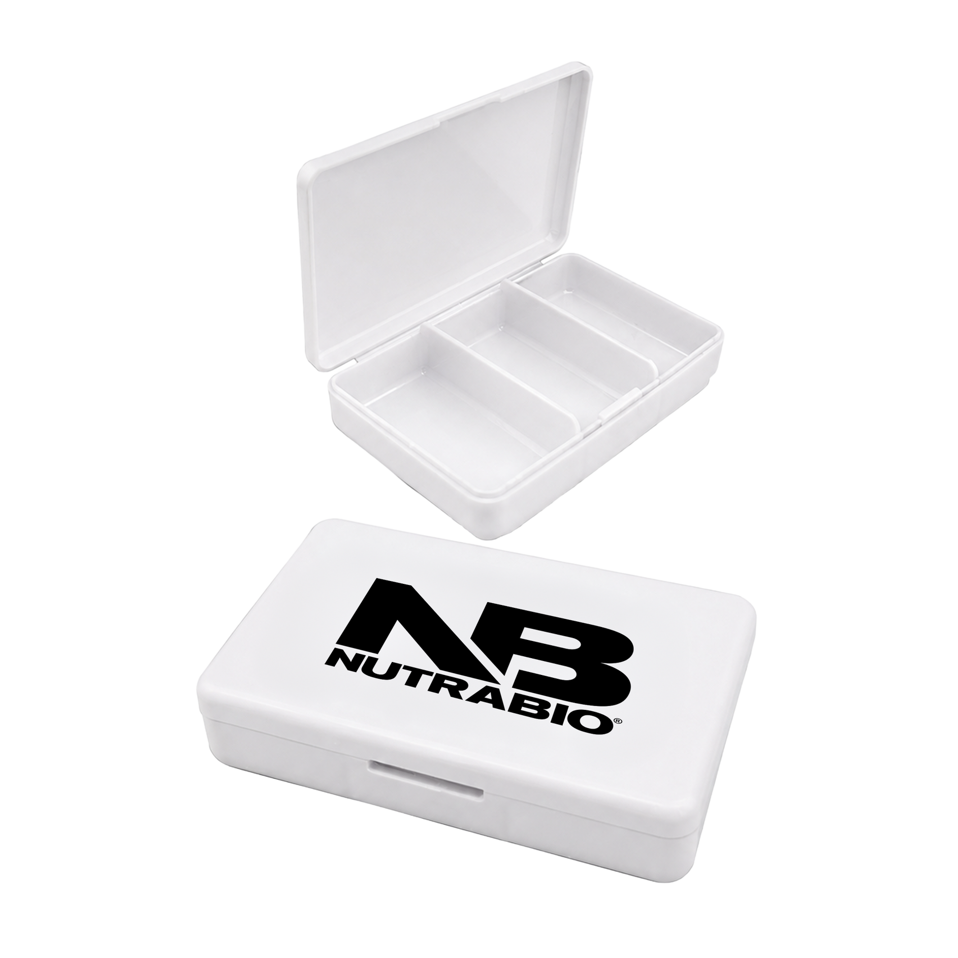 A white plastic pill organizer box shown in two views: one open with three compartments and one closed featuring a large black 'NB NUTRABIO' logo on the lid, set against a plain white background.