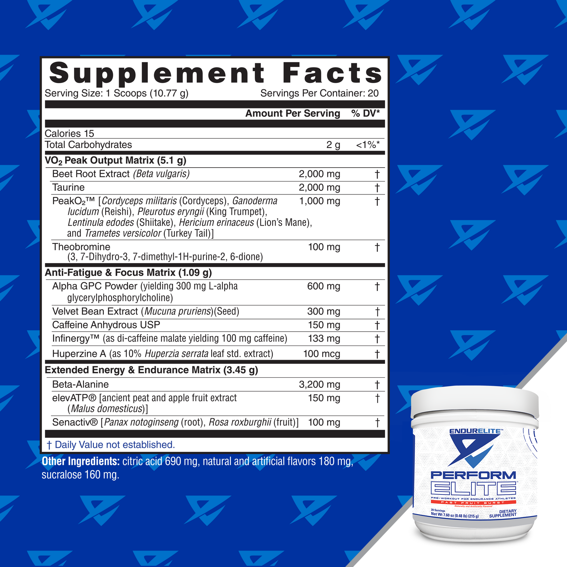 Nutrition label for the EndurElite Perform Elite endurance pre-workout powder on a blue background patterned with the EndurElite logo. The bottle of the powder is shown small in the bottom right corner.