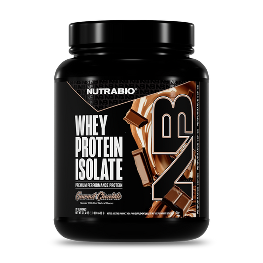 Nutrabio Whey Protein Isolate container with chocolate flavor on a white background