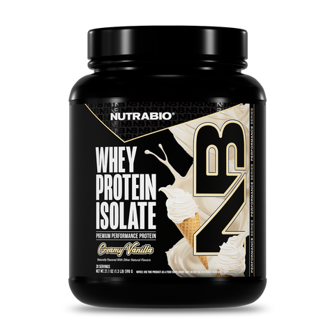 Nutrabio whey protein isolate container with vanilla flavor on a white background
