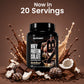A black tub of Nutrabio Whey Protein Isolate in Chocolate Coconut flavor, surrounded by chocolate splashes, chocolate pieces, and coconut halves on a brown background, with the text 'Now in 20 Servings' at the top.