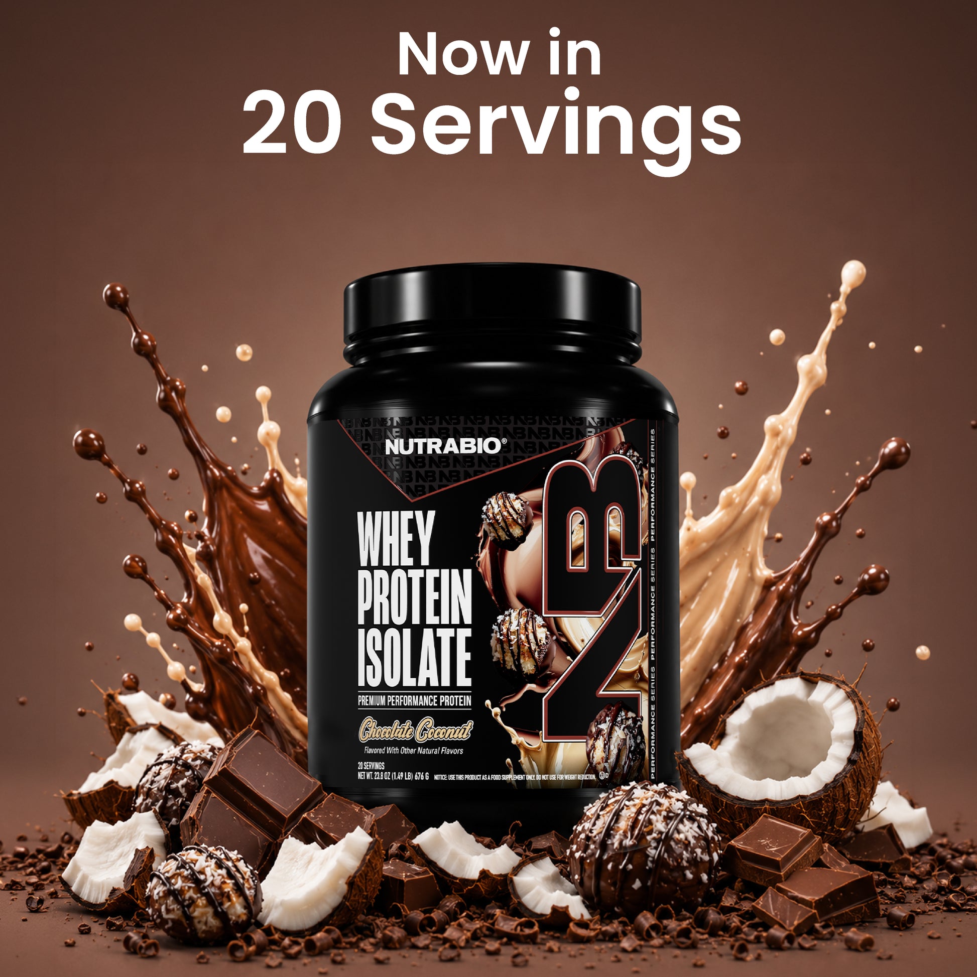 A black tub of Nutrabio Whey Protein Isolate in Chocolate Coconut flavor, surrounded by chocolate splashes, chocolate pieces, and coconut halves on a brown background, with the text 'Now in 20 Servings' at the top.
