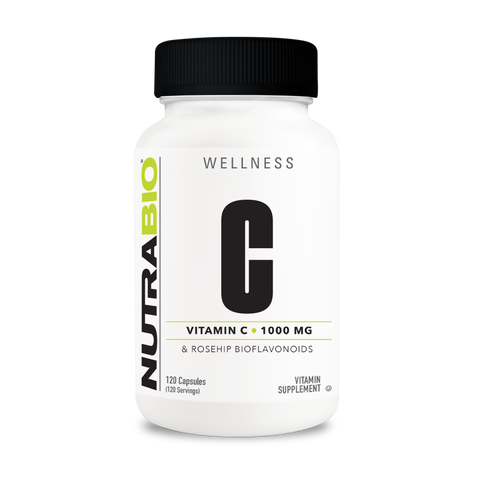 A white tub of NutraBio's C supplement.