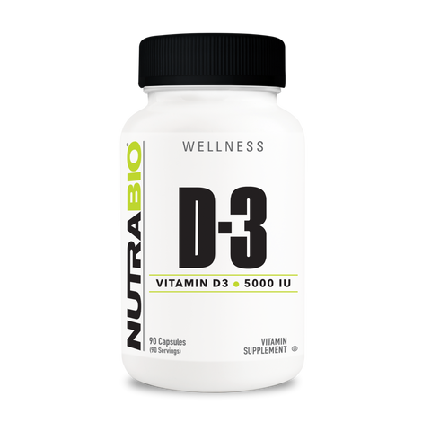 A white tub of NutraBio's D-3 supplement.