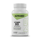 A white bottle of Nutrabio Vitamin D3 dietary supplement with a white cap, featuring a green and white label.