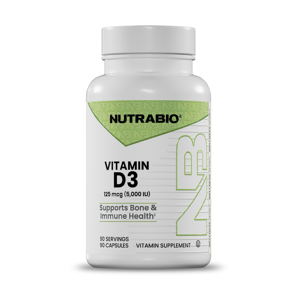 A white bottle of Nutrabio Vitamin D3 dietary supplement with a white cap, featuring a green and white label.