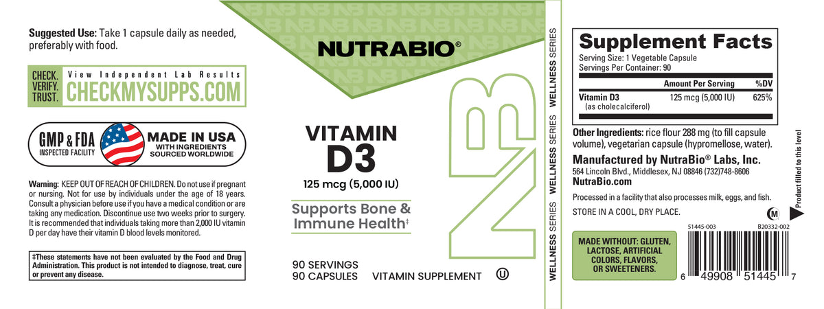Front and back views of a Nutrabio Vitamin D3 supplement bottle label, showing product details, serving suggestions, and supplement facts on a white background.