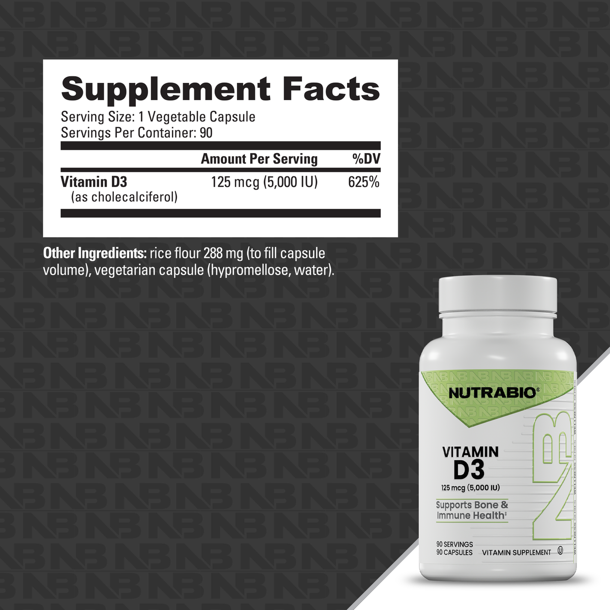 A white bottle of Nutrabio Vitamin D3 dietary supplement shown next to its supplement facts label on a dark gray patterned background.