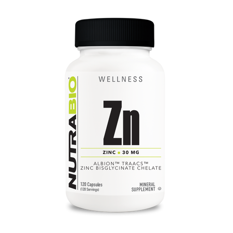 A white tub of NutraBio's Zn supplement on a white background.