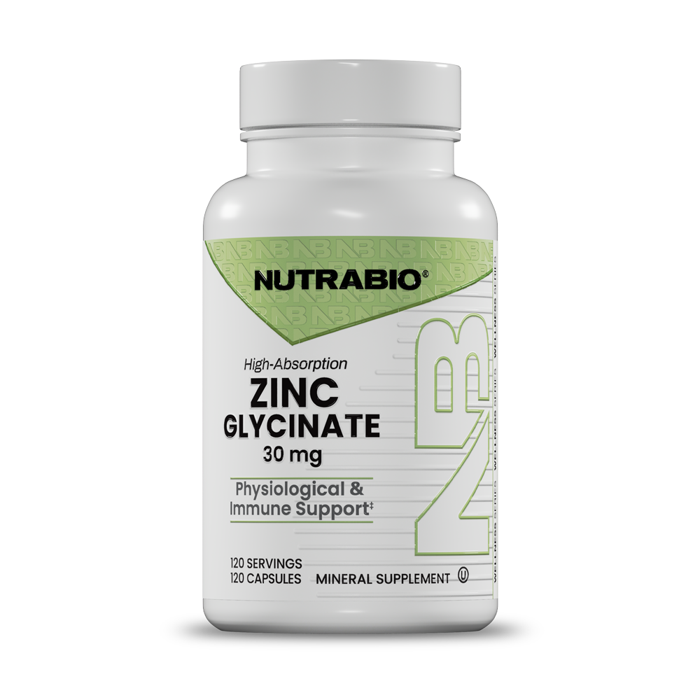 A white bottle of Nutrabio Zinc Glycinate 30 mg mineral supplement capsules, shown on a clean white background with a soft shadow.