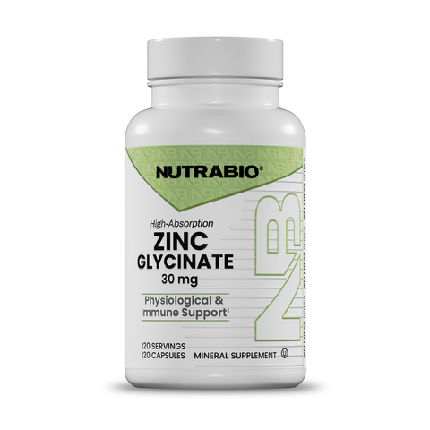 A white bottle of Nutrabio Zinc Glycinate 30 mg mineral supplement capsules, shown on a clean white background with a soft shadow.