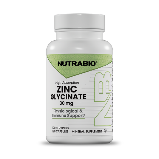 A white bottle of Nutrabio Zinc Glycinate 30 mg mineral supplement capsules, shown on a clean white background with a soft shadow.