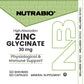 Front and back labels of Nutrabio Zinc Glycine 30 mg dietary supplement capsules, showing product details, serving suggestions, warnings, and company information on a white background.