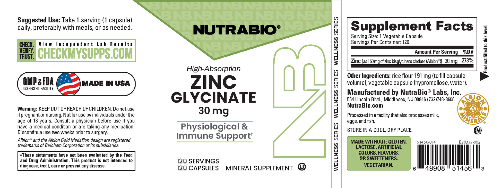 Front and back labels of Nutrabio Zinc Glycine 30 mg dietary supplement capsules, showing product details, serving suggestions, warnings, and company information on a white background.