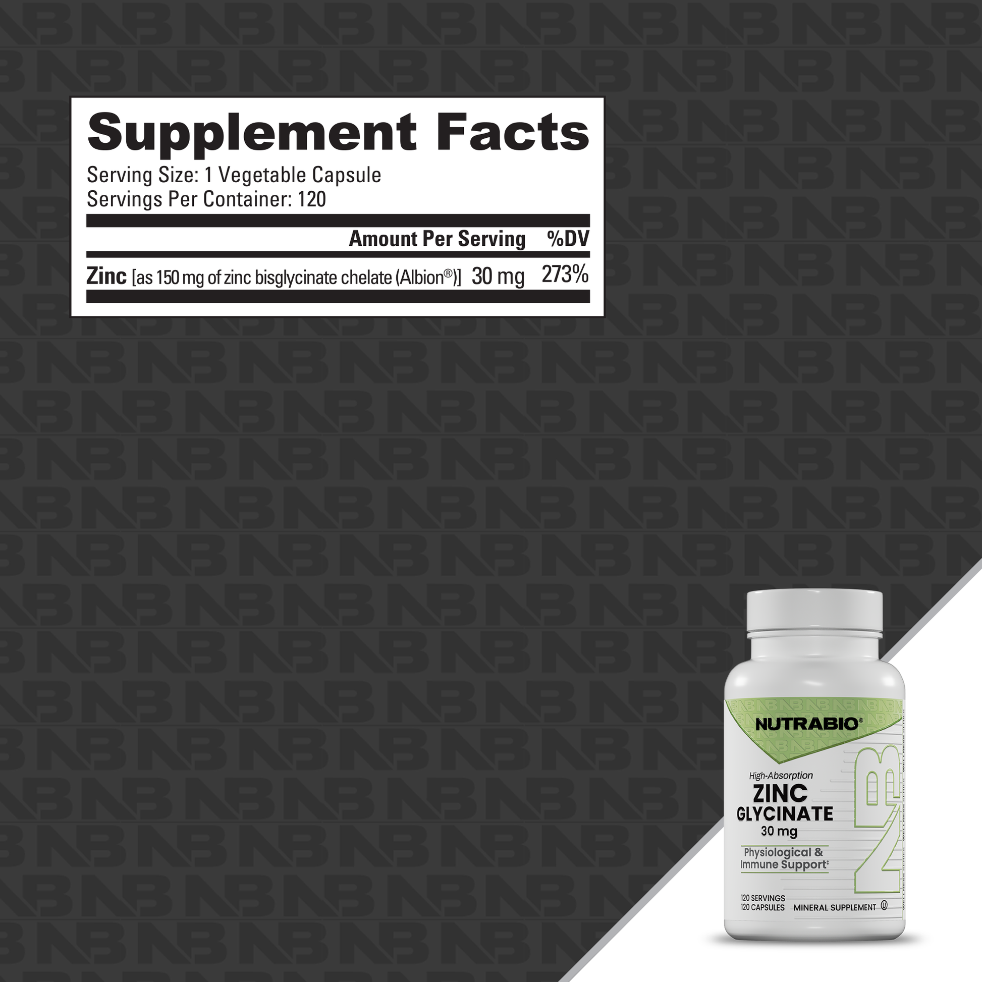 A supplement bottle labeled Nutrabio Zinc Glycinate shown on a dark patterned background with a Supplement Facts label graphic above it.