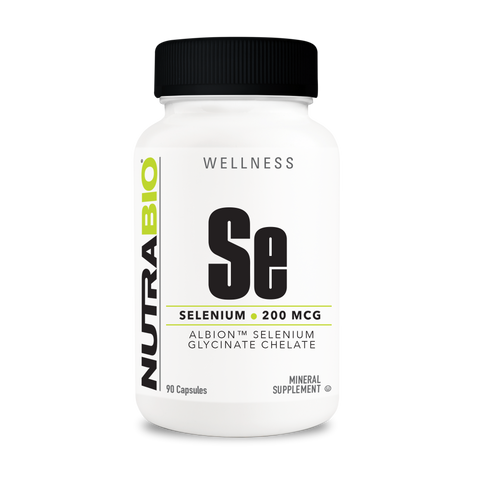 A white tub of NutraBio's Se supplement on a white background.