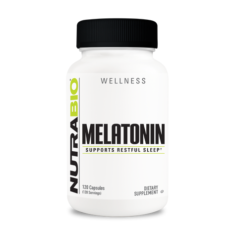 A white tub of NutraBio's Melatonin supplement on a white background.