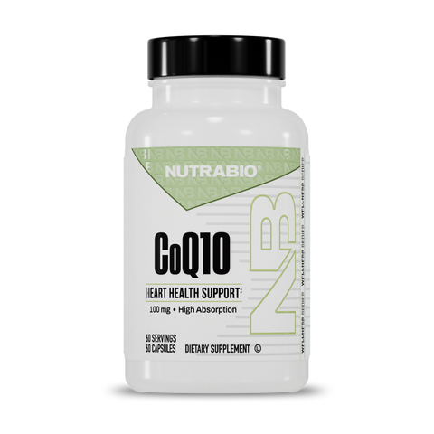 A white bottle of NutraBio CoQ10 (100mg) dietary supplement for heart health and cellular energy, featuring the NutraBio logo with green and black text, contains 60 high-absorption capsules.