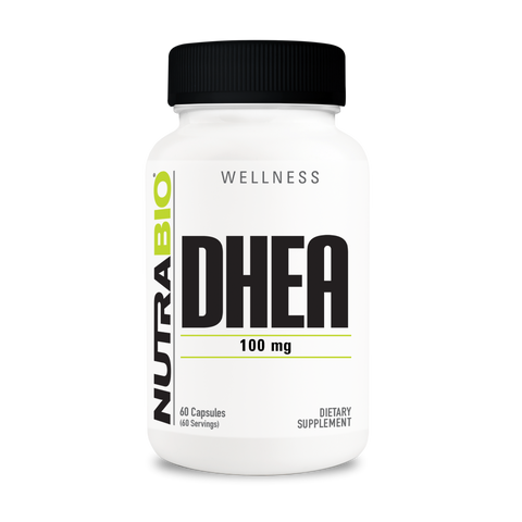 A white tub of NutraBio's DHEA supplement.