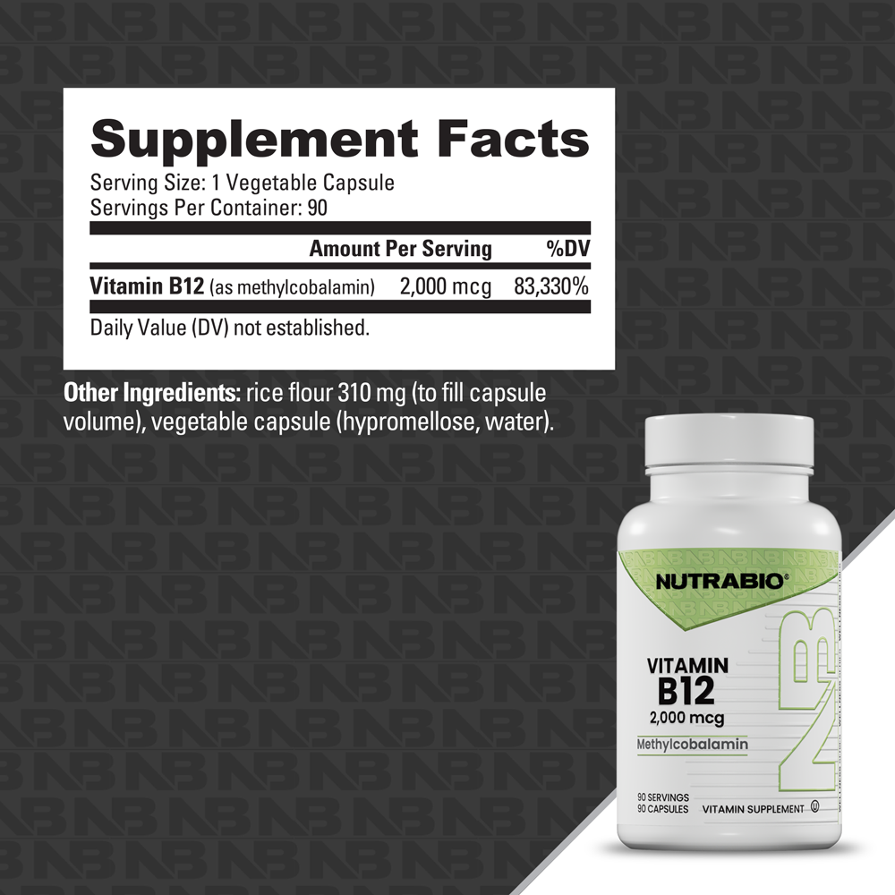Bottle render of NutrabIo Vitamin B12 2,000 mcg with Supplement Facts Panel
