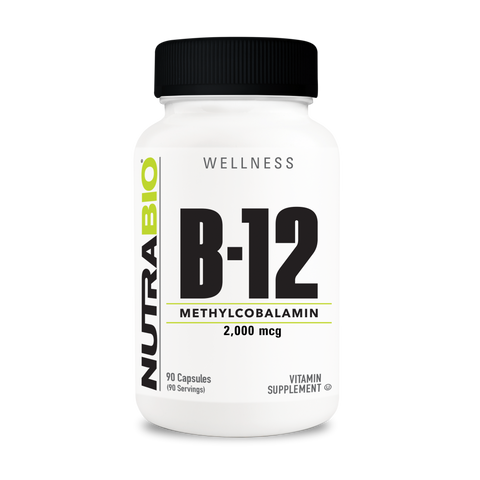 A white tub of NutraBio's B12 supplement on a white background.