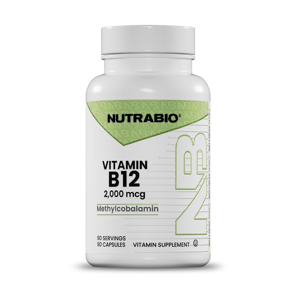 Bottle render of NutrabIo Vitamin B12 2,000 mcg front