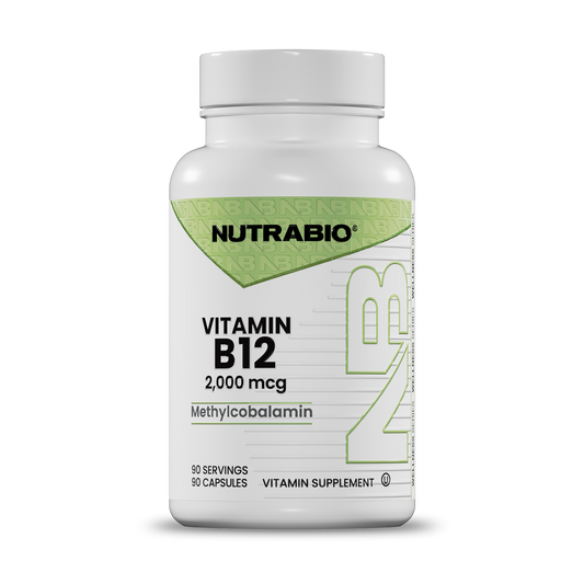 Bottle render of NutrabIo Vitamin B12 2,000 mcg front