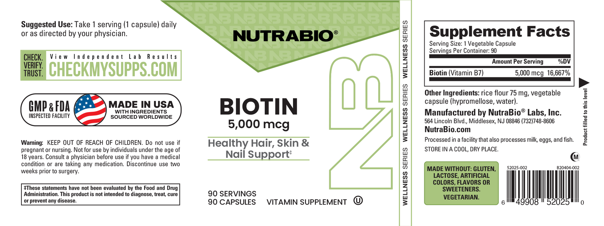 NutraBio Biotin 5,000 mcg full label flat. Full transparency