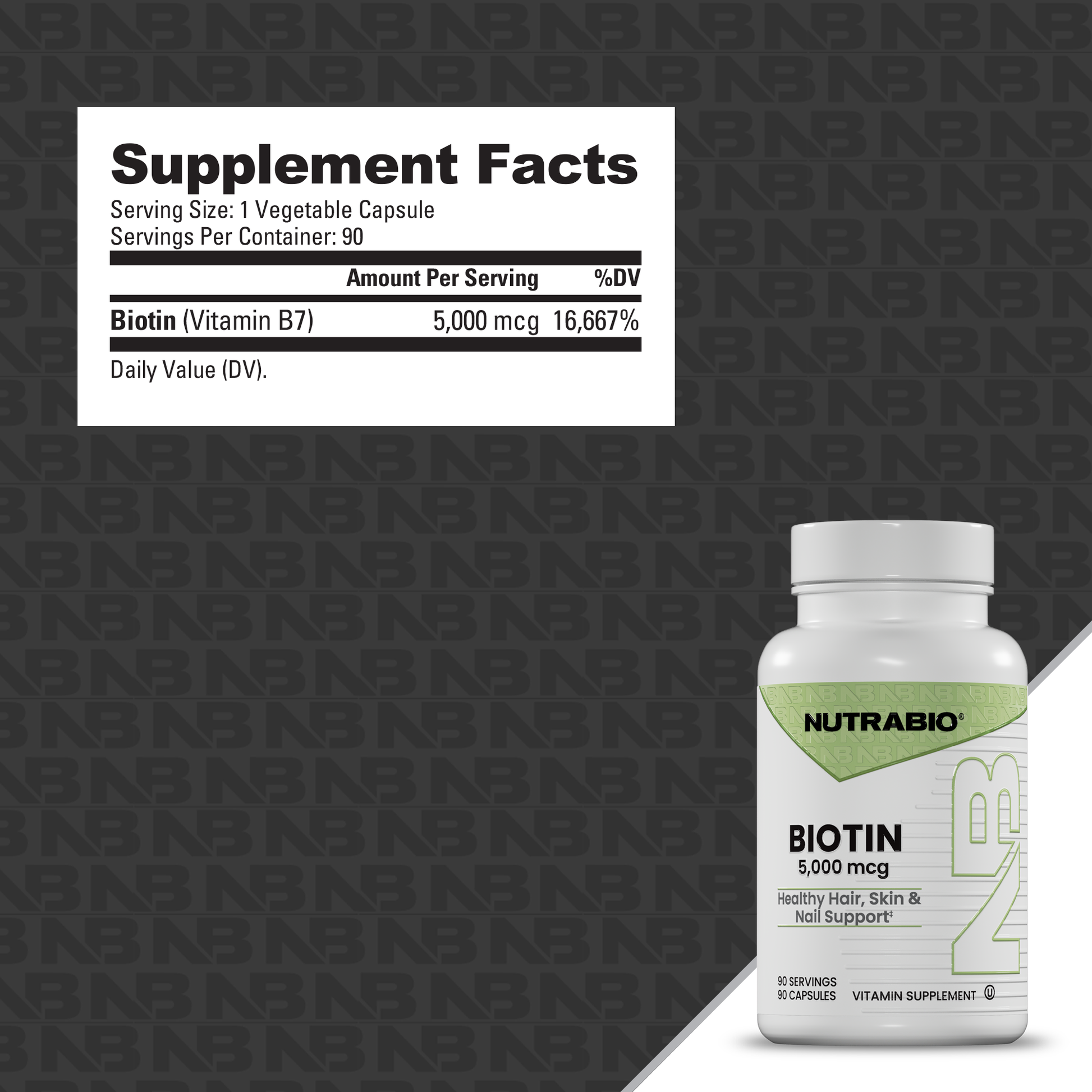A white bottle of Nutrabio Biotin 5,000 mcg dietary supplement shown next to a Supplement Facts label on a dark gray patterned background.