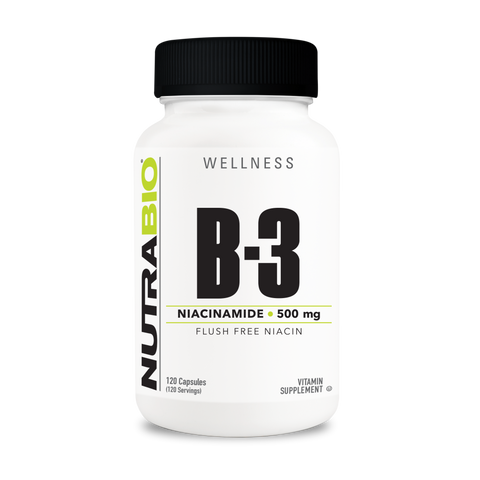 A white tub of NutraBio's B-3 supplement on a white background.