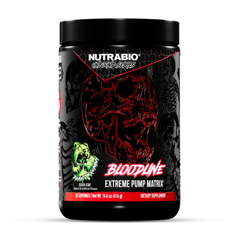 A black container of UNBOUND Bloodline dietary supplement features a red skull graphic, brand and product name, with a green Phanto-Lime (Guava Kiwi) flavor illustration—formulated to support enhanced muscle vascularity.