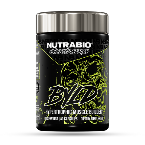 A black container of NutraBio Unbound Series BYLD Hypertrophic Muscle Builder dietary supplement, featuring neon green text and graphic art on the label. The container holds 60 capsules, providing 30 servings.