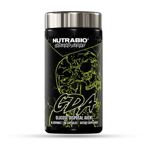 A black bottle of UNBOUND’s GDA supplement, featuring neon green skull artwork. Formulated to support insulin sensitivity, each bottle includes 180 capsules (30 servings).