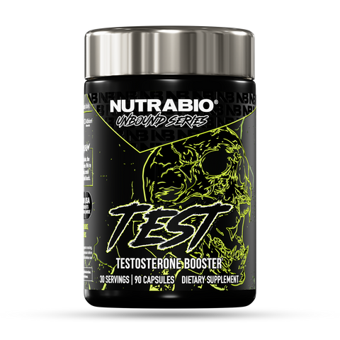 A black bottle of UNBOUND TEST with neon yellow graphics, containing 90 capsules (30 servings). This dietary supplement supports natural testosterone and hormone balance.