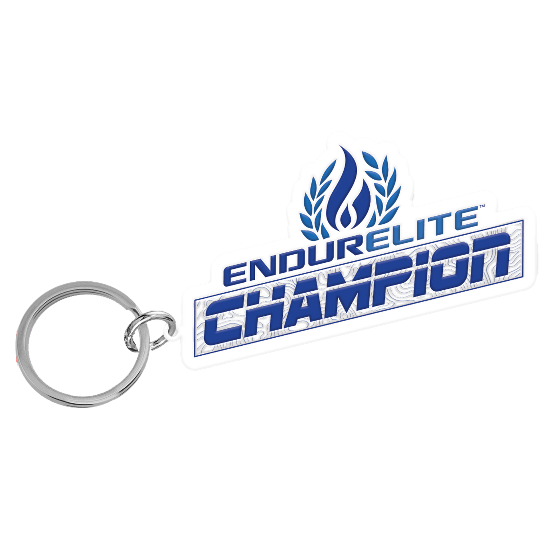 EndurElite Champion Keychain, white logo outlined in black on a metal ring.