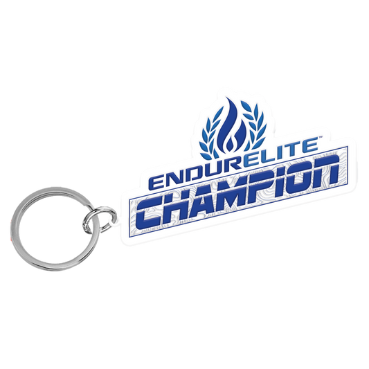 EndurElite Champion Keychain, white logo outlined in black on a metal ring.
