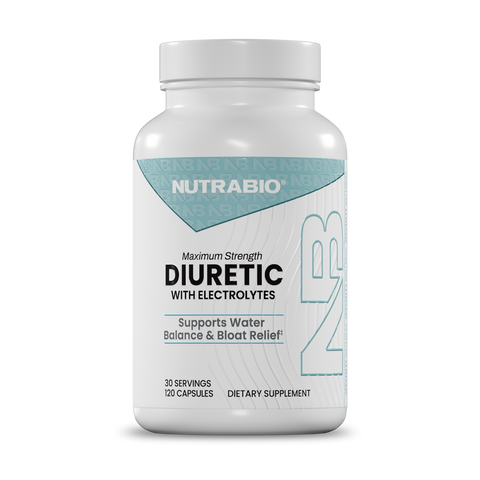 A white bottle of NutraBio Diuretic, a natural fluid balance supplement for water retention and bloat relief. Each bottle contains 120 capsules (30 servings) with electrolytes.