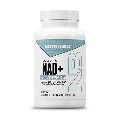 A white bottle labeled NutraBio Liposomal NAD+ with blue and black text and a large NB graphic, containing 60 capsules—formulated as a dietary supplement to support mitochondrial health and cellular energy.