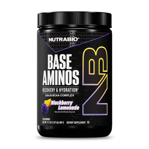 A black NutraBio Base Aminos container, featuring bold NB lettering and Blackberry Lemonade flavor, serves as a hydration formula for recovery and optimal amino acid support.