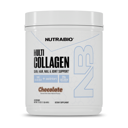 A white NutraBio Multi Collagen container in chocolate flavor for skin, hair, nail, and joint support. Each serving provides 20g of multi collagen powder. The label features blue and brown accents.