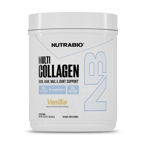 A white NutraBio Multi Collagen Vanilla container with black and blue text contains a collagen supplement for skin, hair, nails, and joints. Each serving provides 20g of multi collagen protein powder.