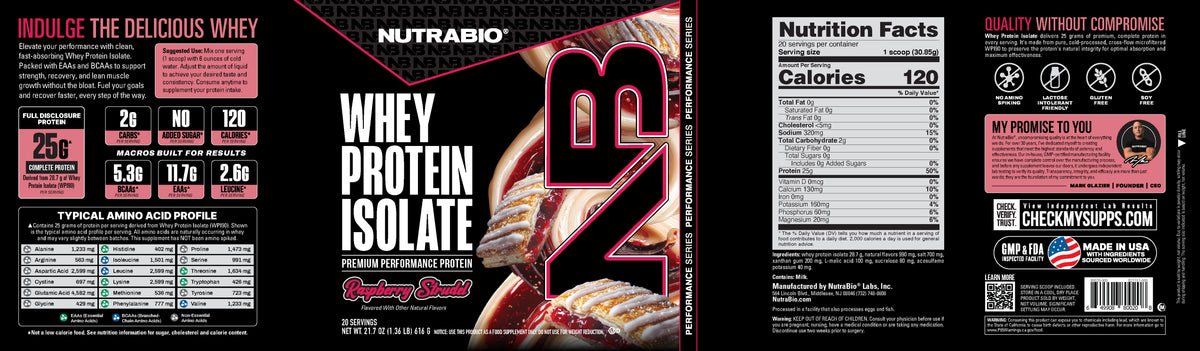 Tub of Raspberry Strudel Whey Protein Isolate Powder, showcasing a nutrition facts label, amino acid profile, and product benefits for muscle growth on the packaging.