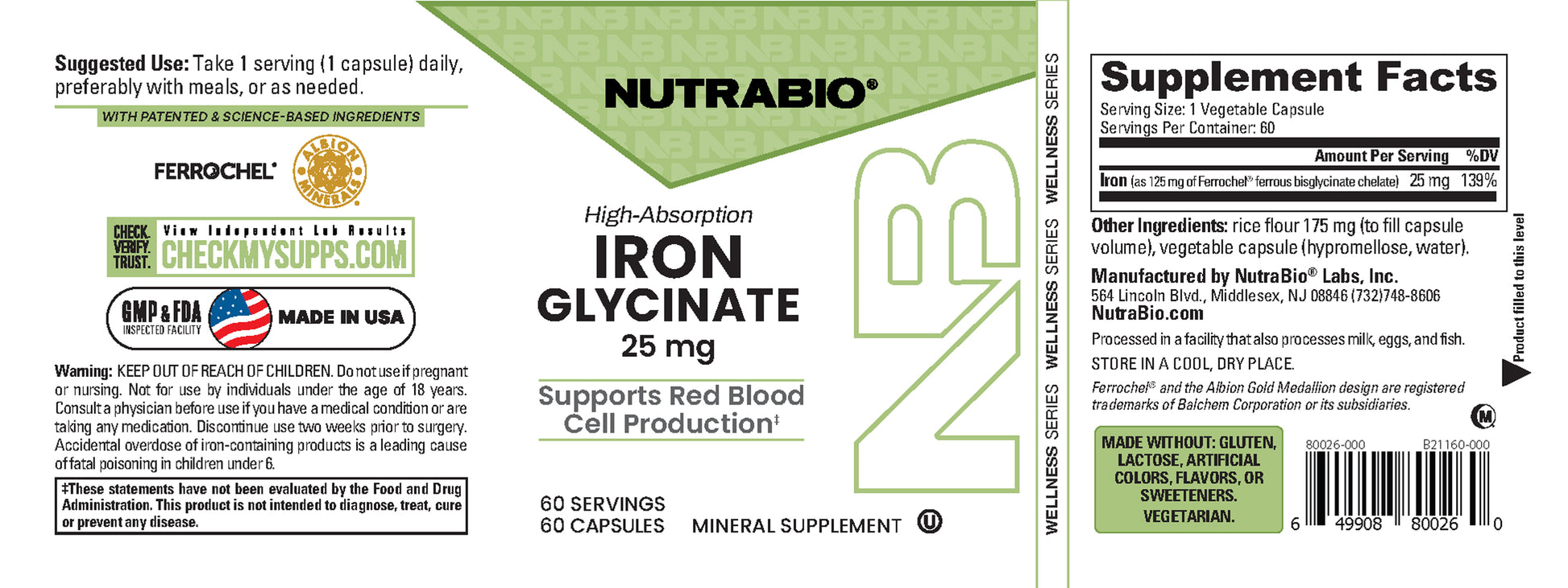 Nutrabio Iron Glycinate supplement label with branding and product details.