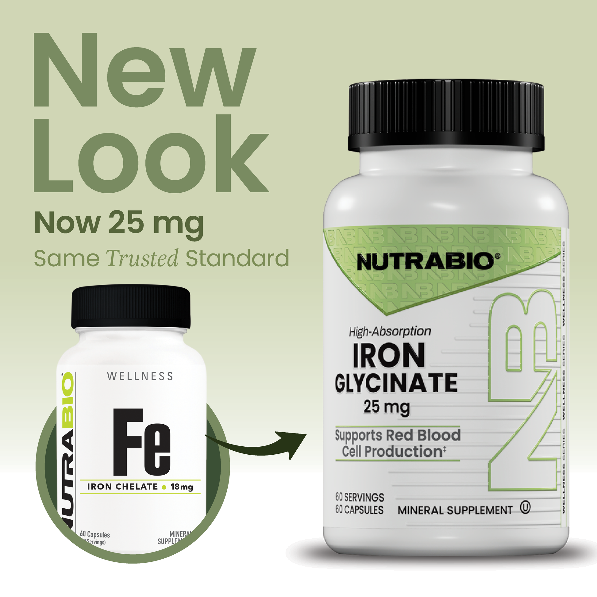 Nutrabio Iron Glycinate supplement bottle with text indicating a new look and unchanged trusted standard.