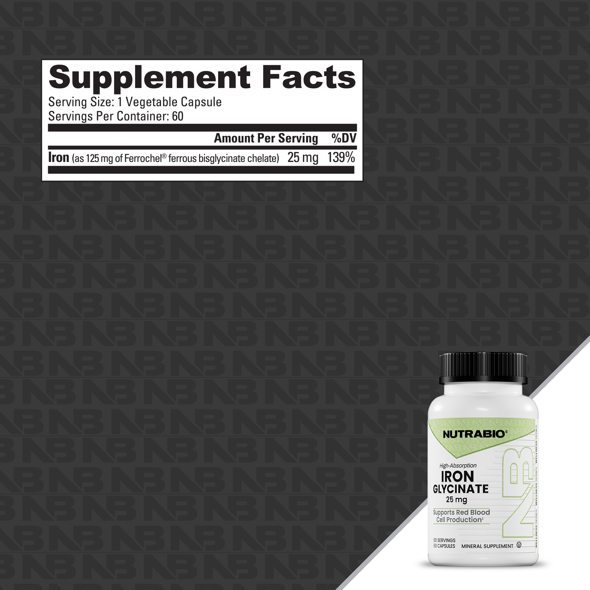 NUTRABIO Iron Glycinate supplement bottle with supplement facts label on a branded background