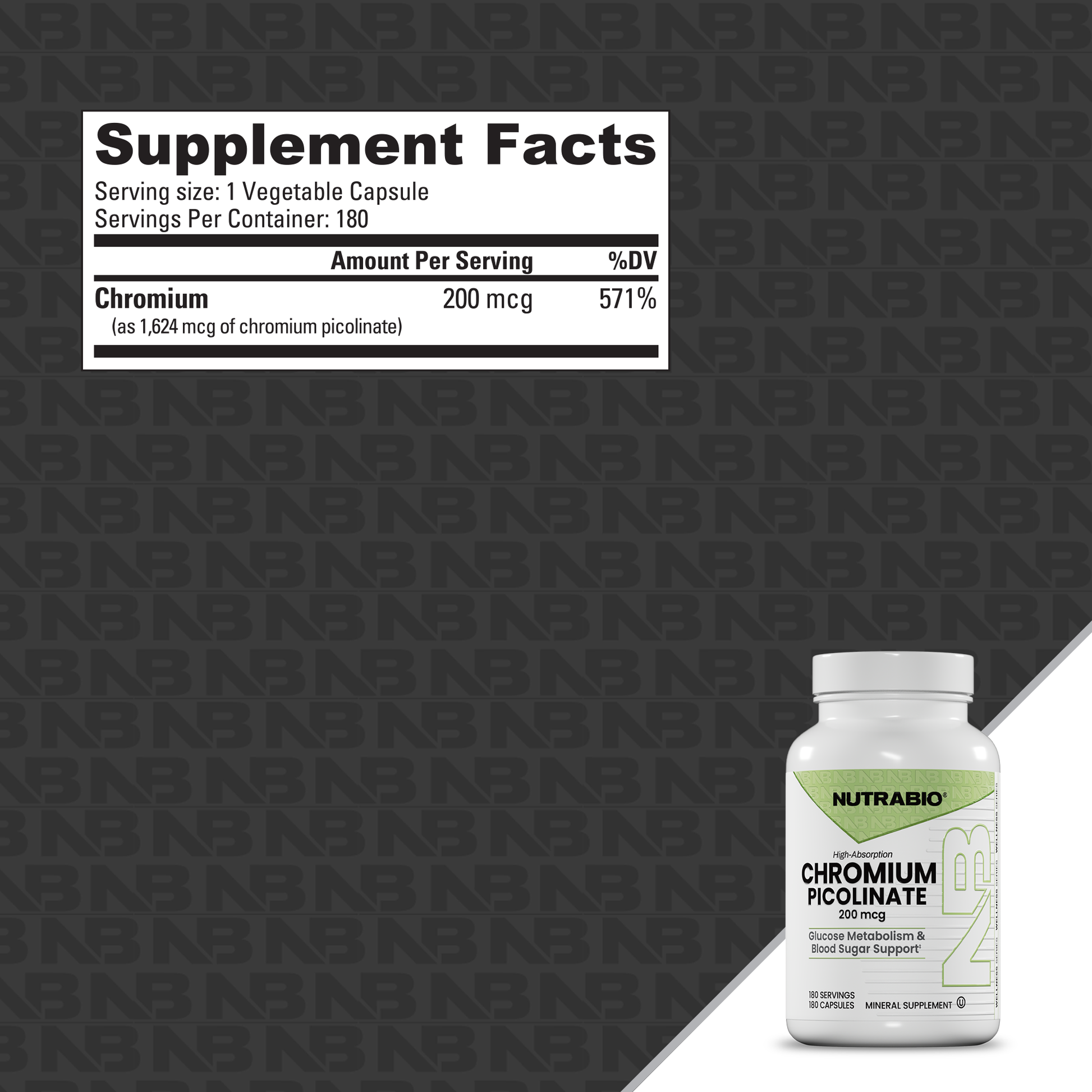 Nutrabio Chromium Picolinate supplement bottle with supplement facts label on a branded background