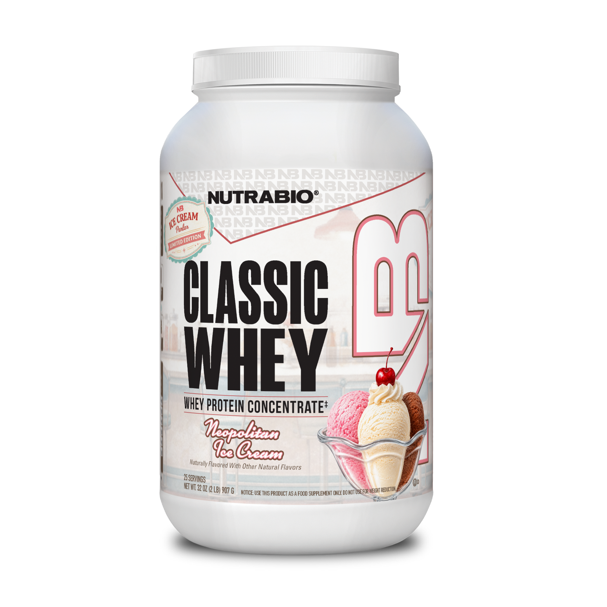 A white NutraBio Classic Whey Protein Concentrate Powder container with a “Neapolitan Ice Cream” label featuring pink, brown, and white scoops—ideal for muscle repair and building lean muscle.